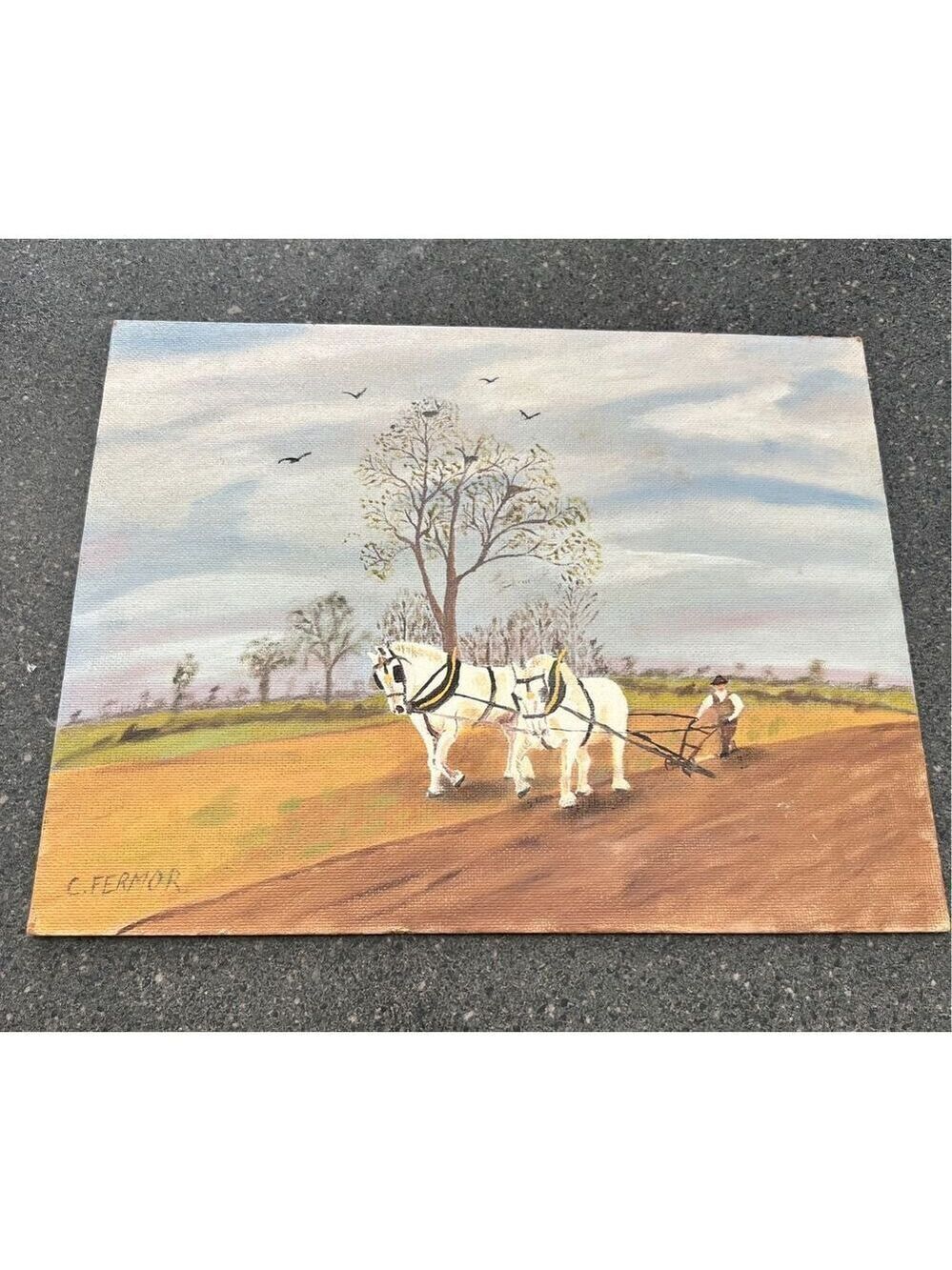 Vintage Oil Painting Farming With Horses" signed by C. Fermor